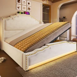 Redom Lit coffre 160x200 cm en velours beige avec rangement hydraulique eclairage LED multicolore et ports USB C