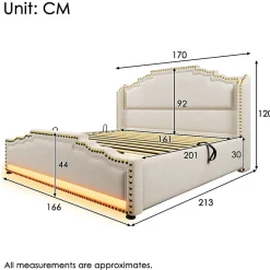 Redom Lit coffre 160x200 cm en velours beige avec rangement hydraulique eclairage LED multicolore et ports USB C