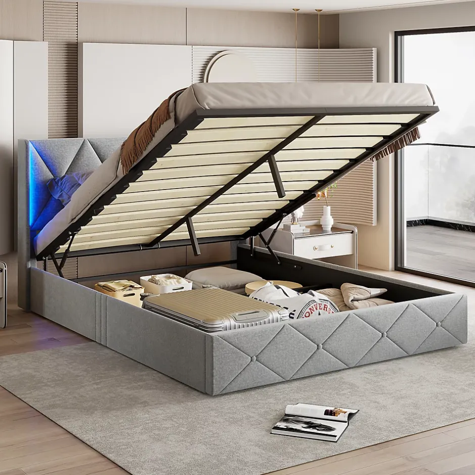 ProximaX Lit coffre 160x200 cm en velours gris givré avec lampe latérale sur la tête de lit, rangement hydraulique, facile à monter New