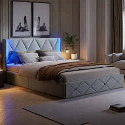 ProximaX Lit coffre 160x200 cm en velours gris givré avec lampe latérale sur la tête de lit, rangement hydraulique, facile à monter New