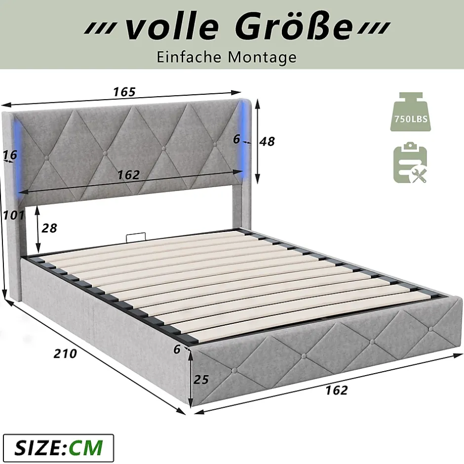 ProximaX Lit coffre 160x200 cm en velours gris givré avec lampe latérale sur la tête de lit, rangement hydraulique, facile à monter New