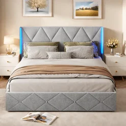 ProximaX Lit coffre 160x200 cm en velours gris givré avec lampe latérale sur la tête de lit, rangement hydraulique, facile à monter New