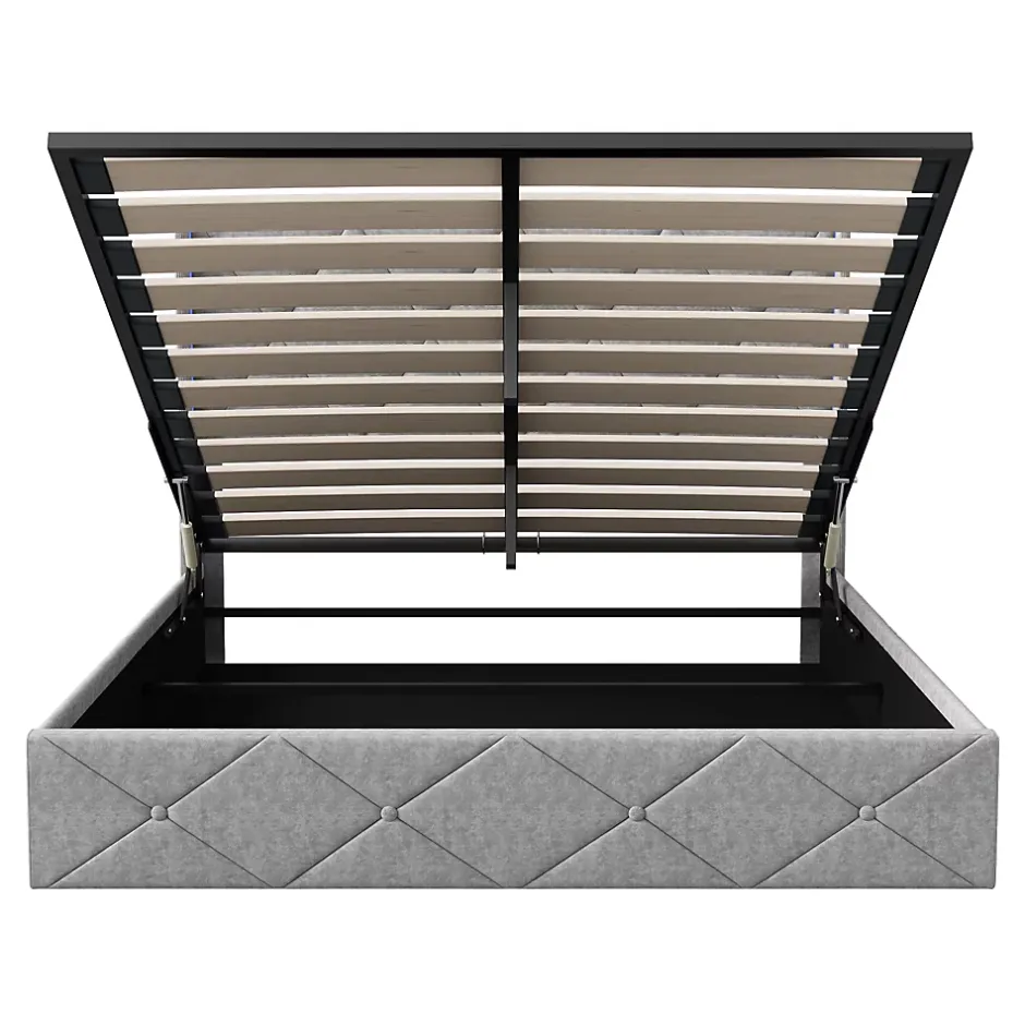 ProximaX Lit coffre 160x200 cm en velours gris givré avec lampe latérale sur la tête de lit, rangement hydraulique, facile à monter New