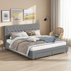 ProximaX Lit coffre 180x200 cm en velours gris avec tête de lit réglable, tiroirs et sommier à lattes en bois