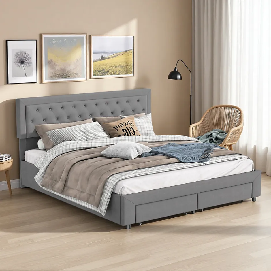 ProximaX Lit coffre 180x200 cm en velours gris avec tête de lit réglable, tiroirs et sommier à lattes en bois