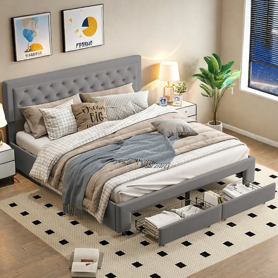 ProximaX Lit coffre 180x200 cm en velours gris avec tête de lit réglable, tiroirs et sommier à lattes en bois