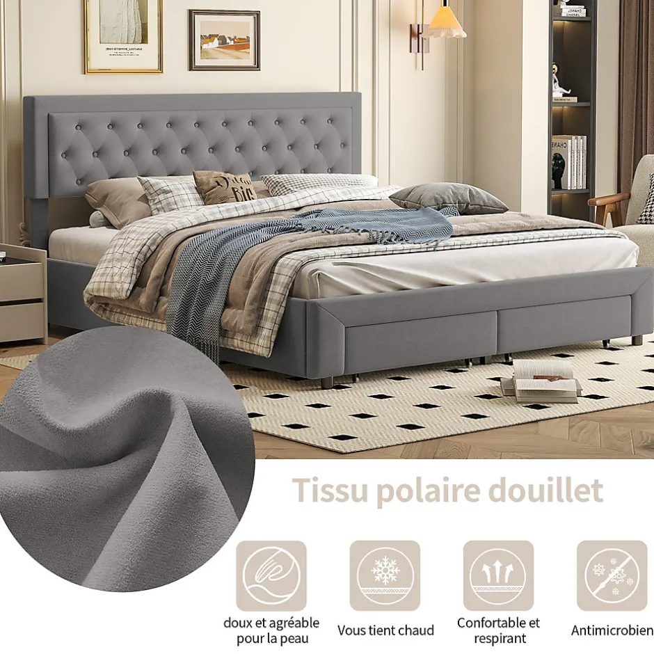 ProximaX Lit coffre 180x200 cm en velours gris avec tête de lit réglable, tiroirs et sommier à lattes en bois