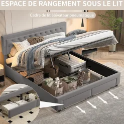 ProximaX Lit coffre 180x200 cm en velours gris avec tête de lit réglable, tiroirs et sommier à lattes en bois