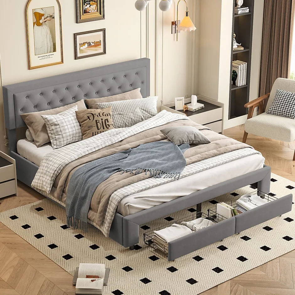 ProximaX Lit coffre 180x200 cm en velours gris avec tête de lit réglable, tiroirs et sommier à lattes en bois