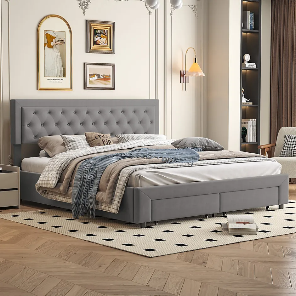 ProximaX Lit coffre 180x200 cm en velours gris avec tête de lit réglable, tiroirs et sommier à lattes en bois