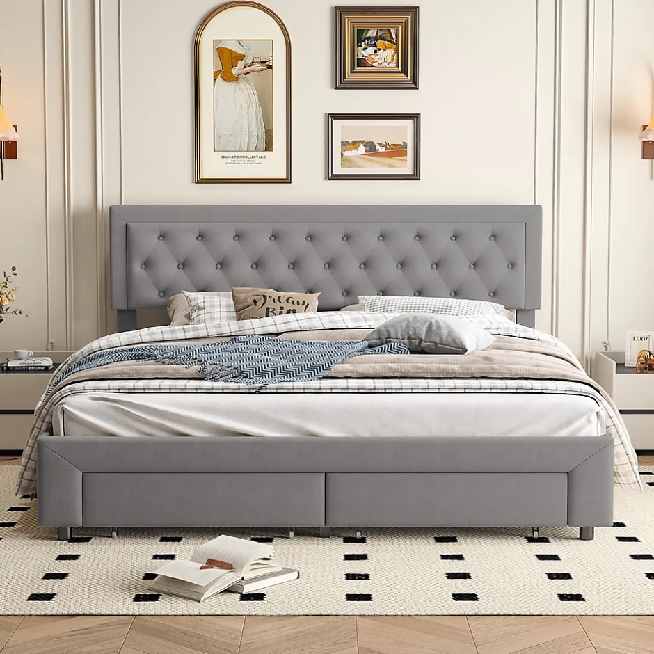 ProximaX Lit coffre 180x200 cm en velours gris avec tête de lit réglable, tiroirs et sommier à lattes en bois