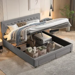 ProximaX Lit coffre 180x200 cm en velours gris avec tête de lit réglable, tiroirs et sommier à lattes en bois