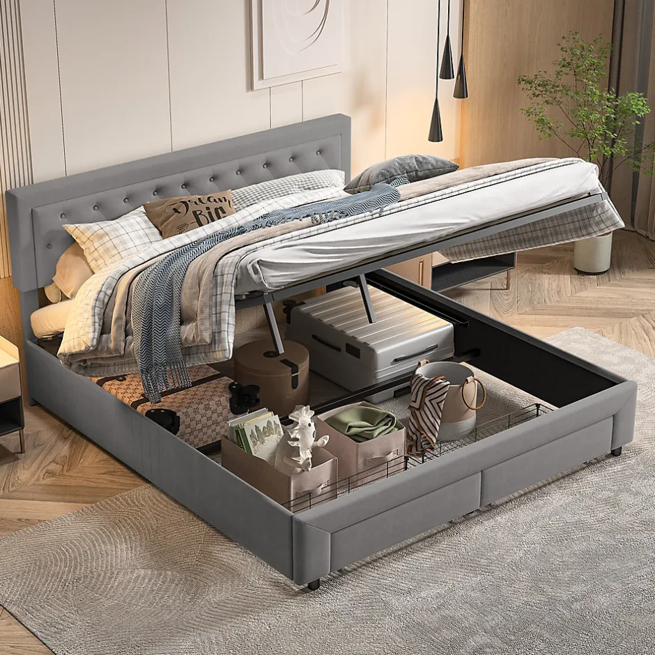 ProximaX Lit coffre 180x200 cm en velours gris avec tête de lit réglable, tiroirs et sommier à lattes en bois