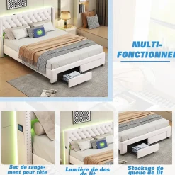 ProximaX Lit coffre 140x190 cm en velours beige, tête de lit cloutée, 2 tiroirs, ports USB, poches latérales, bande LED amovible Sale