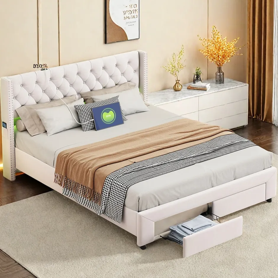 ProximaX Lit coffre 140x190 cm en velours beige, tête de lit cloutée, 2 tiroirs, ports USB, poches latérales, bande LED amovible Sale