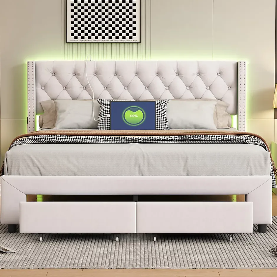 ProximaX Lit coffre 140x190 cm en velours beige, tête de lit cloutée, 2 tiroirs, ports USB, poches latérales, bande LED amovible Sale