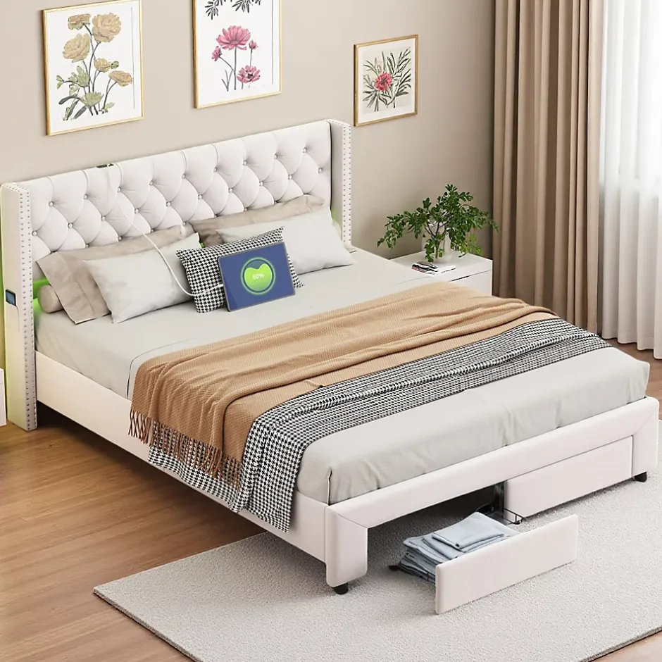 ProximaX Lit coffre 140x190 cm en velours beige, tête de lit cloutée, 2 tiroirs, ports USB, poches latérales, bande LED amovible Sale
