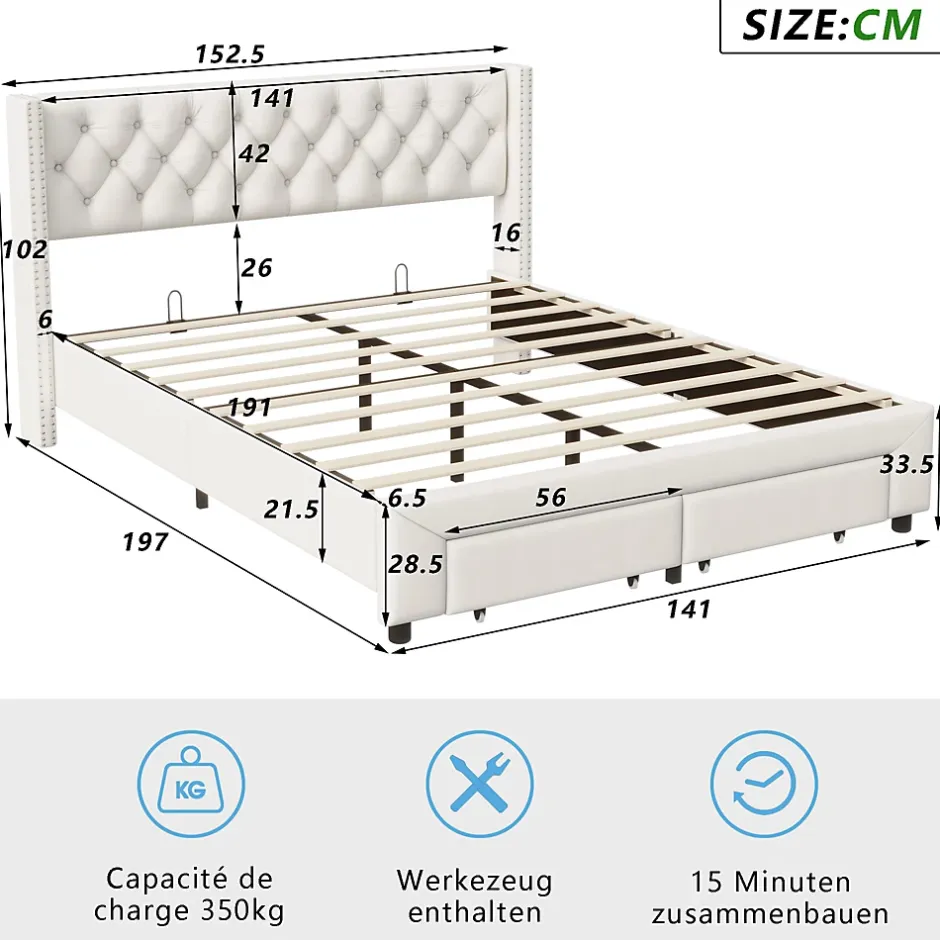 ProximaX Lit coffre 140x190 cm en velours beige, tête de lit cloutée, 2 tiroirs, ports USB, poches latérales, bande LED amovible Sale