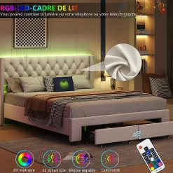 ProximaX Lit coffre 140x190 cm en velours beige, tête de lit cloutée, 2 tiroirs, ports USB, poches latérales, bande LED amovible Sale
