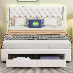 ProximaX Lit coffre 140x190 cm en velours beige, tête de lit cloutée, 2 tiroirs, ports USB, poches latérales, bande LED amovible Sale
