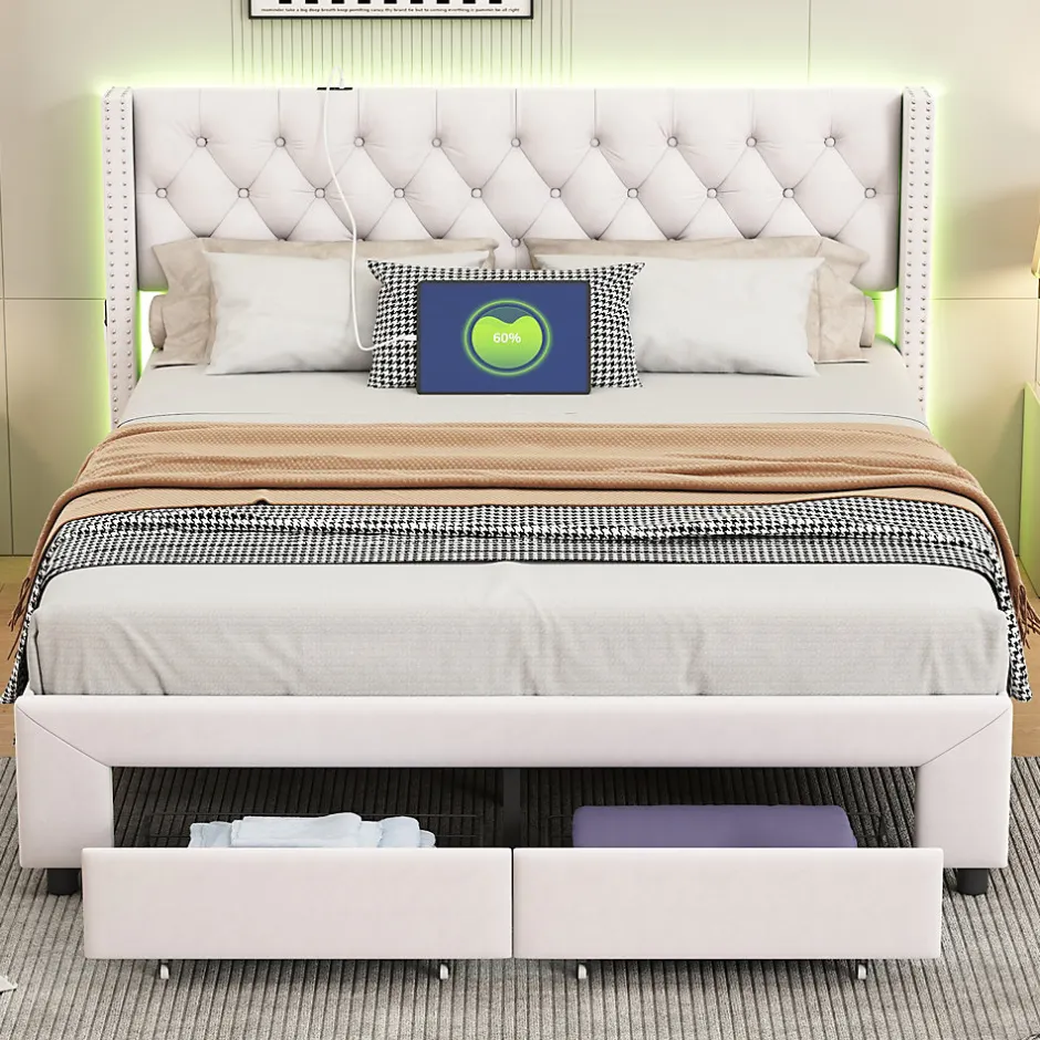 ProximaX Lit coffre 140x190 cm en velours beige, tête de lit cloutée, 2 tiroirs, ports USB, poches latérales, bande LED amovible Sale