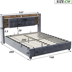 ProximaX Lit coffre 140x200 cm en velours gris avec tête de lit LED 7 couleurs, prises USB/Type-C, rangements et vérins hydrauliques Sale