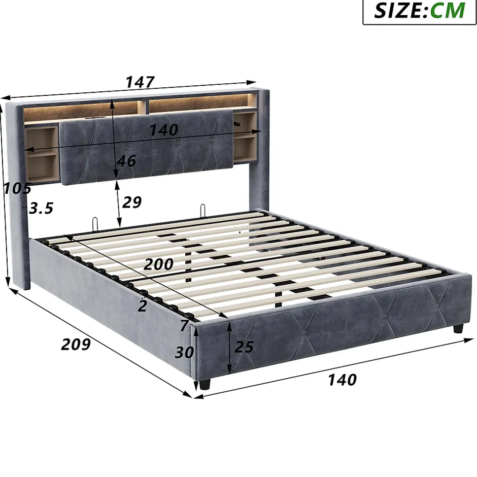 ProximaX Lit coffre 140x200 cm en velours gris avec tête de lit LED 7 couleurs, prises USB/Type-C, rangements et vérins hydrauliques Sale