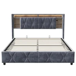 ProximaX Lit coffre 140x200 cm en velours gris avec tête de lit LED 7 couleurs, prises USB/Type-C, rangements et vérins hydrauliques Sale