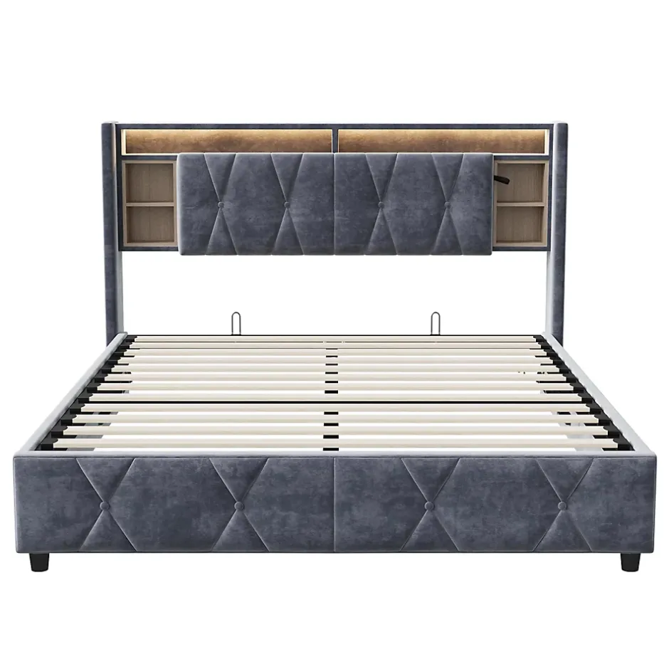 ProximaX Lit coffre 140x200 cm en velours gris avec tête de lit LED 7 couleurs, prises USB/Type-C, rangements et vérins hydrauliques Sale