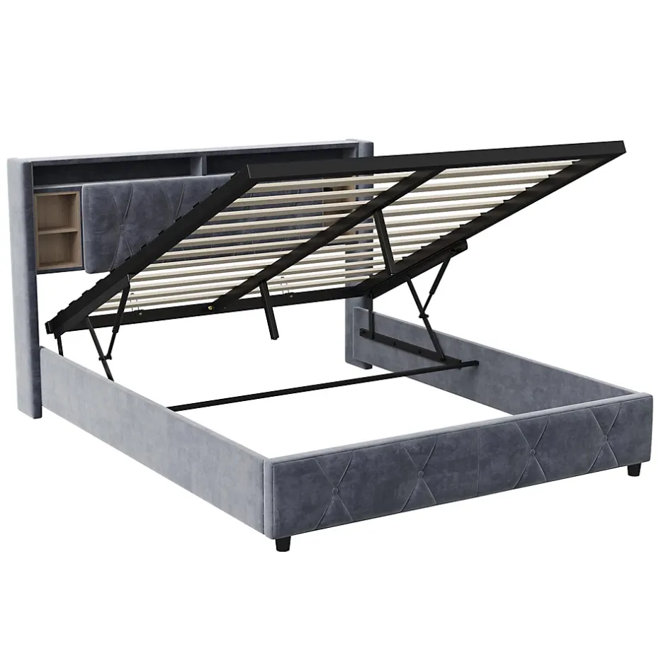 ProximaX Lit coffre 140x200 cm en velours gris avec tête de lit LED 7 couleurs, prises USB/Type-C, rangements et vérins hydrauliques Sale