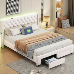 ProximaX Lit coffre 140x190 cm en velours beige, tête de lit cloutée, 2 tiroirs, ports USB, poches latérales, bande LED amovible