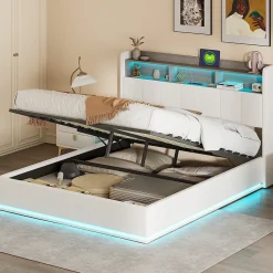 ProximaX Lit coffre 140x200 cm en velours avec tête de lit rangements, LED, ports USB, Lit double avec espace de rangement, Blanc