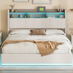 ProximaX Lit coffre 140x200 cm en velours avec tête de lit rangements, LED, ports USB, Lit double avec espace de rangement, Blanc