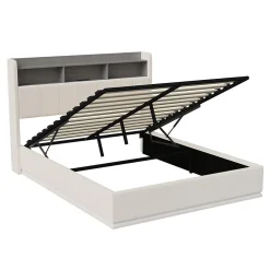 ProximaX Lit coffre 140x200 cm en velours avec tête de lit rangements, LED, ports USB, Lit double avec espace de rangement, Blanc