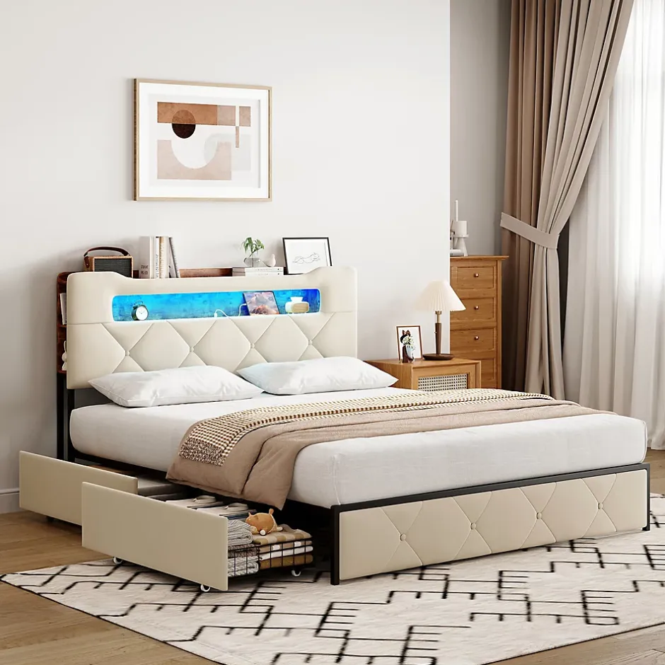 ProximaX Lit coffre 140x190 cm en velours beige avec tête de lit lumineuse et port de charge, 4 tiroirs de rangement, structure métal Discount