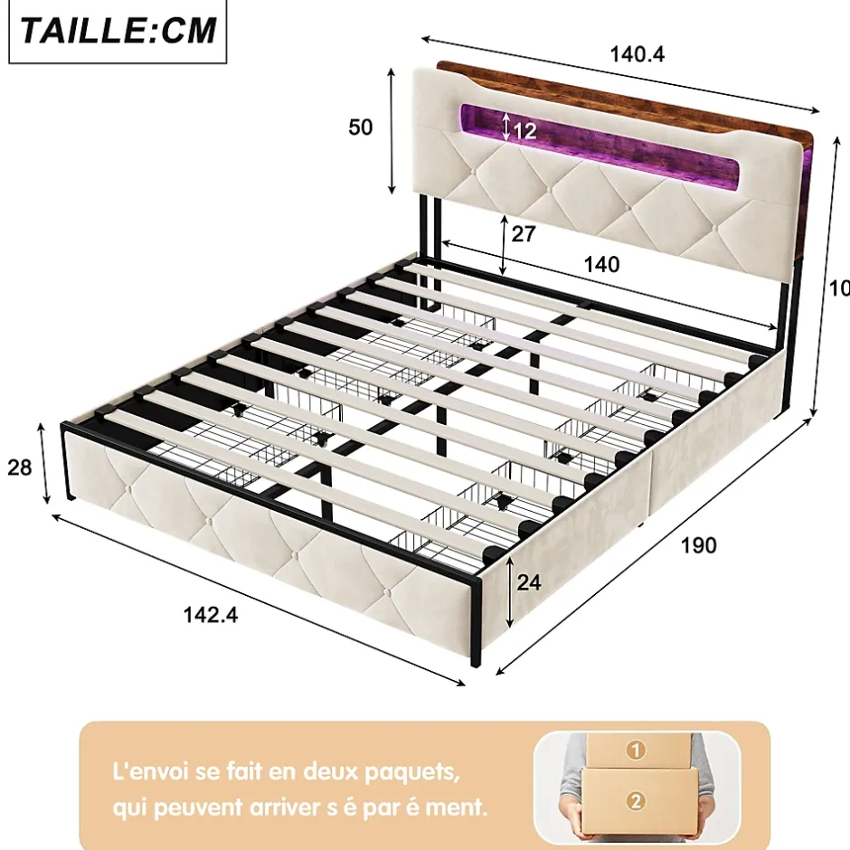 ProximaX Lit coffre 140x190 cm en velours beige avec tête de lit lumineuse et port de charge, 4 tiroirs de rangement, structure métal Discount