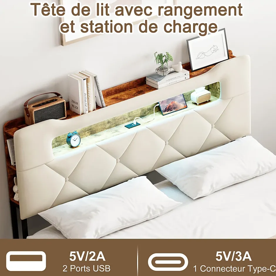 ProximaX Lit coffre 140x190 cm en velours beige avec tête de lit lumineuse et port de charge, 4 tiroirs de rangement, structure métal Discount