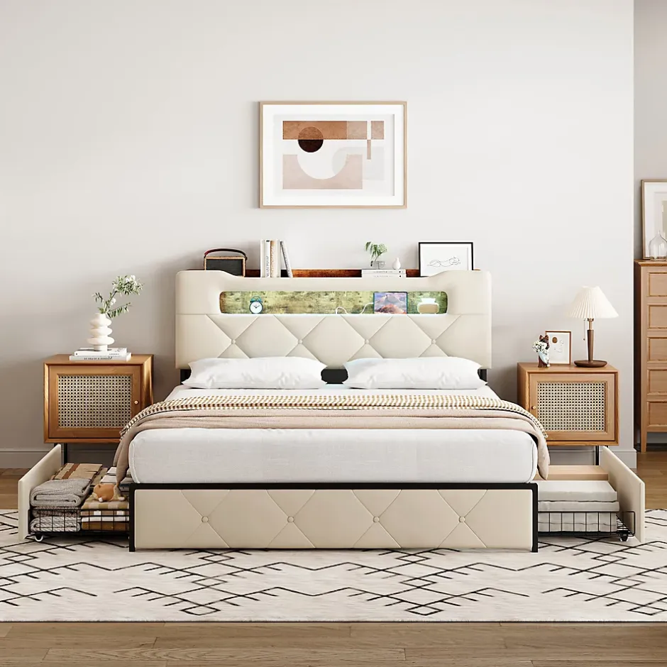ProximaX Lit coffre 140x190 cm en velours beige avec tête de lit lumineuse et port de charge, 4 tiroirs de rangement, structure métal Discount