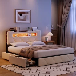 ProximaX Lit coffre 140x190 cm en velours beige avec tête de lit lumineuse et port de charge, 4 tiroirs de rangement, structure métal Discount
