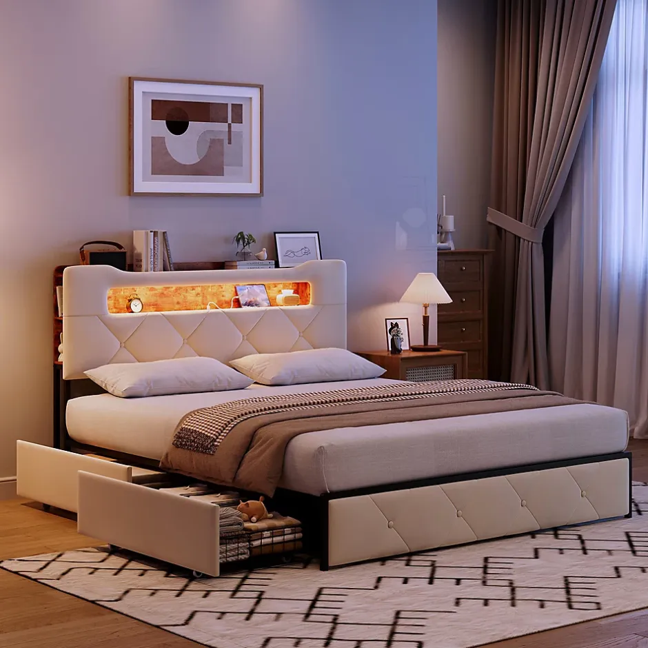 ProximaX Lit coffre 140x190 cm en velours beige avec tête de lit lumineuse et port de charge, 4 tiroirs de rangement, structure métal Discount