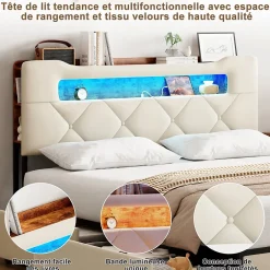 ProximaX Lit coffre 140x190 cm en velours beige avec tête de lit lumineuse et port de charge, 4 tiroirs de rangement, structure métal Discount