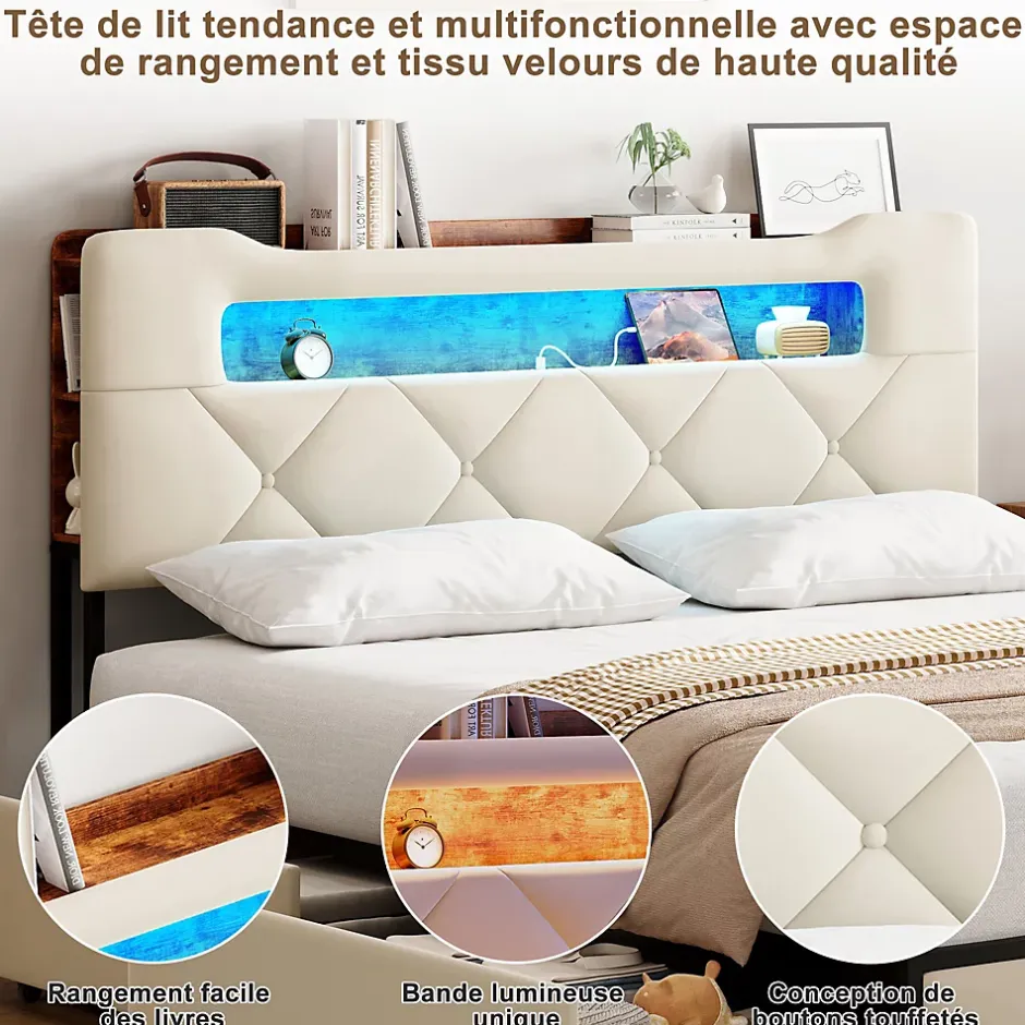 ProximaX Lit coffre 140x190 cm en velours beige avec tête de lit lumineuse et port de charge, 4 tiroirs de rangement, structure métal Discount