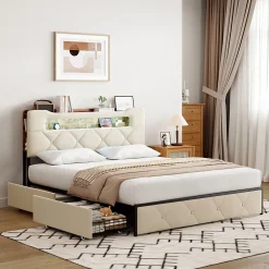 ProximaX Lit coffre 140x190 cm en velours beige avec tête de lit lumineuse et port de charge, 4 tiroirs de rangement, structure métal Discount
