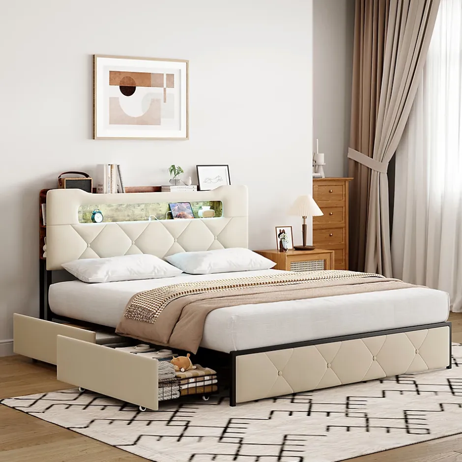 ProximaX Lit coffre 140x190 cm en velours beige avec tête de lit lumineuse et port de charge, 4 tiroirs de rangement, structure métal Discount