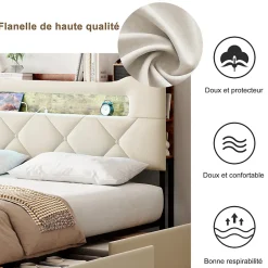 ProximaX Lit coffre 140x190 cm en velours beige avec tête de lit lumineuse et port de charge, 4 tiroirs de rangement, structure métal Discount