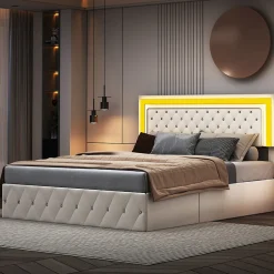 Simple Life Lit coffre 160x200 cm en velours - avec LED et sommier à lattes - Lit double de rangement - avec tête de lit réglable - Beige