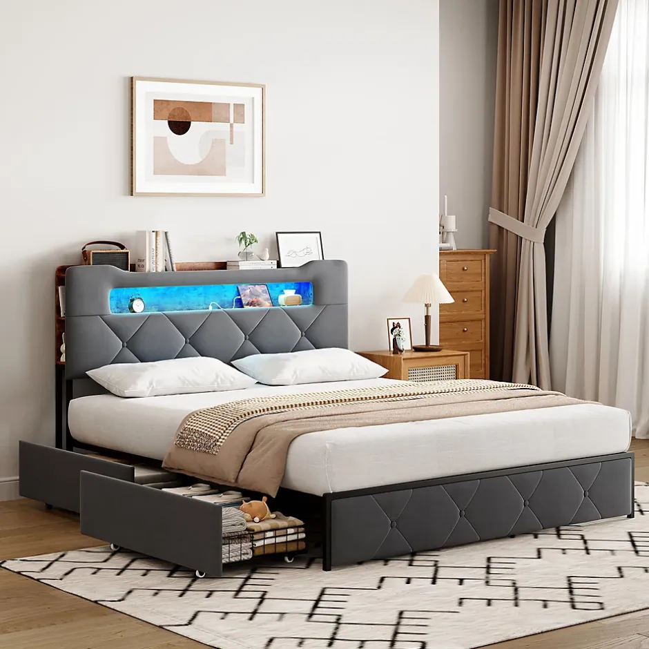 ProximaX Lit coffre 140x200 cm en velours gris avec tête de lit lumineuse et chargeur intégré, 4 tiroirs de rangement, structure métal Hot