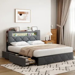 ProximaX Lit coffre 140x200 cm en velours gris avec tête de lit lumineuse et chargeur intégré, 4 tiroirs de rangement, structure métal Hot