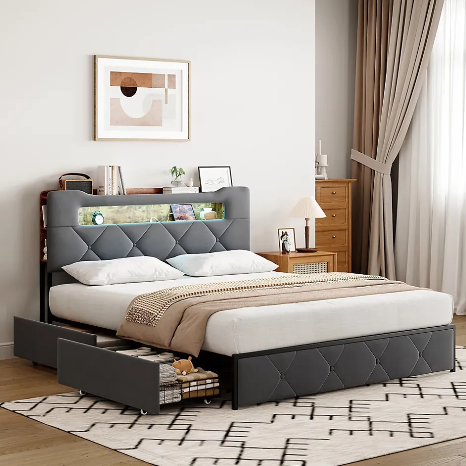 ProximaX Lit coffre 140x200 cm en velours gris avec tête de lit lumineuse et chargeur intégré, 4 tiroirs de rangement, structure métal Hot
