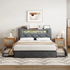 ProximaX Lit coffre 140x200 cm en velours gris avec tête de lit lumineuse et chargeur intégré, 4 tiroirs de rangement, structure métal Hot